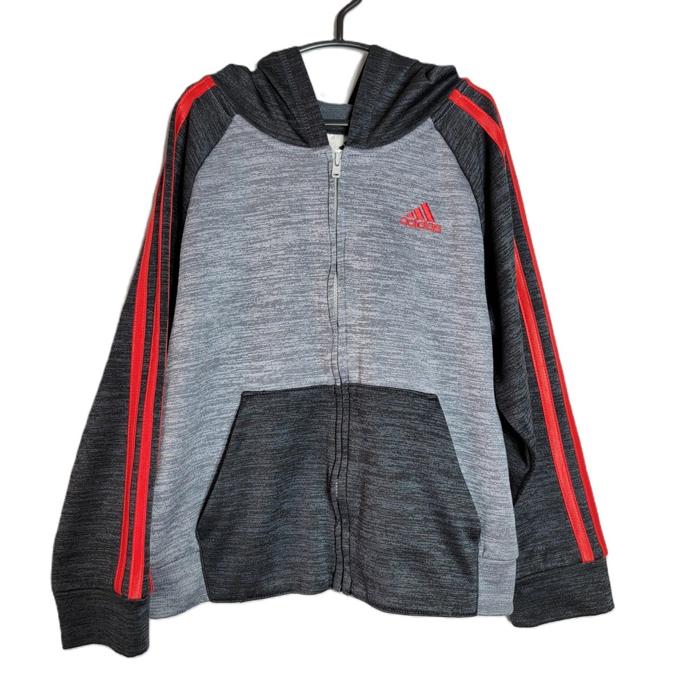 Adidas Kids Gray Black Red 3-Stripe Space Dye Full Zip Hoodie Sweatshirt Size 5